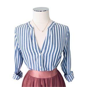 OLD NAVY Striped Cotton V-Neck Shirt Long Sleeve Blue White Sz S